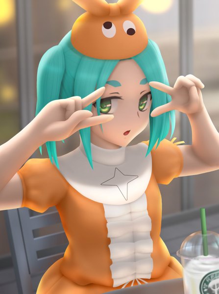 Anime picture 970x1300 with bakemonogatari nisemonogatari shaft (studio) monogatari (series) ononoki yotsugi siraha single tall image looking at viewer short hair sitting green eyes aqua eyes victory girl hat chair table