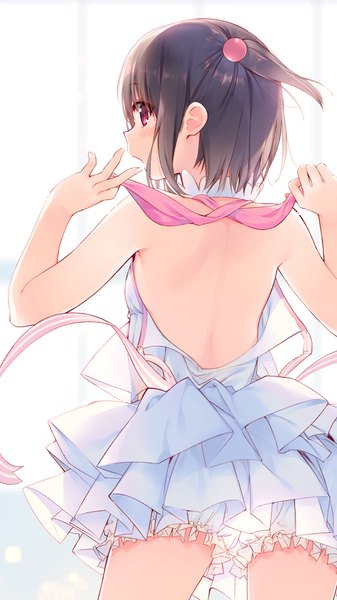 Anime picture 2084x3703 with original fuzuki fuuro single tall image highres short hair open mouth light erotic black hair red eyes looking back from behind back side ponytail undressing halterneck adjusting clothes girl dress blue dress
