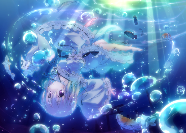 Anime picture 1200x860 with touhou saigyouji yuyuko t-ray single short hair purple hair pink eyes sunlight underwater girl dress bubble (bubbles) fish (fishes)