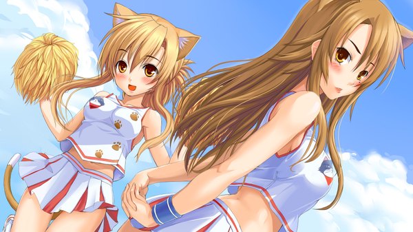 Anime picture 1920x1080 with nyan koi mizuno kaede sumiyoshi kanako nyamsas blush highres wide image multiple girls animal ears tail cat girl cheerleader girl 2 girls tenoteno