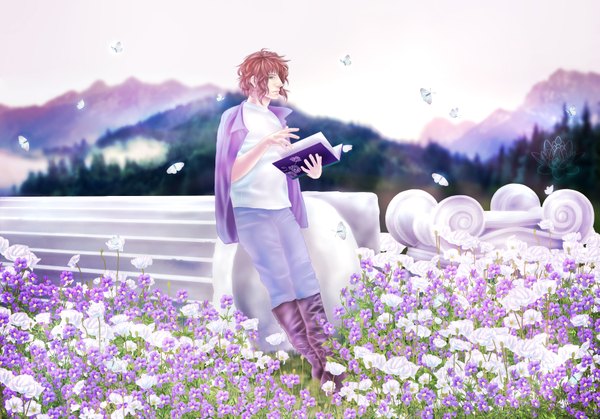 Anime picture 3543x2480 with axis powers hetalia studio deen greece (hetalia) yaroslavapanina single highres short hair brown hair standing green eyes pink hair absurdres sky profile open clothes open jacket mountain scenic ruins nature