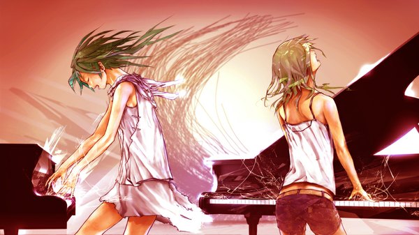 Anime picture 1000x563 with original loundraw long hair open mouth wide image standing bare shoulders multiple girls eyes closed green hair from behind back singing girl skirt 2 girls miniskirt shorts belt musical instrument