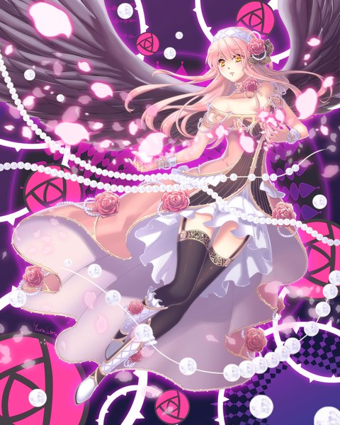 Anime picture 1500x1875 with original yunoshina single long hair tall image yellow eyes looking away pink hair girl thighhighs dress hair ornament flower (flowers) black thighhighs petals wings boots rose (roses) beads