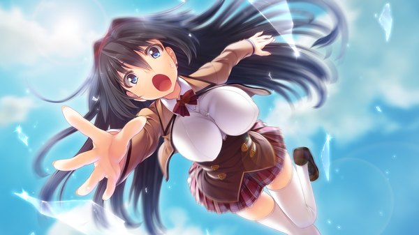 Anime picture 1280x720 with gleam garden no shoujo izumi sakurako char single long hair breasts open mouth blue eyes light erotic black hair wide image large breasts game cg girl thighhighs skirt uniform school uniform white thighhighs hairband