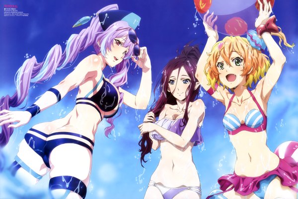 Anime picture 6103x4085 with macross macross delta freyja wion mikumo guynemer mirage farina jenius tagme (artist) long hair blush highres short hair breasts open mouth blue eyes light erotic red eyes multiple girls absurdres purple hair ponytail very long hair