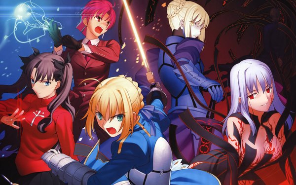 Anime picture 1920x1200 with fate (series) fate/stay night fate/hollow ataraxia studio deen type-moon artoria pendragon (all) saber toosaka rin saber alter matou sakura dark sakura bazett fraga mcremitz takeuchi takashi highres wide image multiple girls official art girl 5 girls