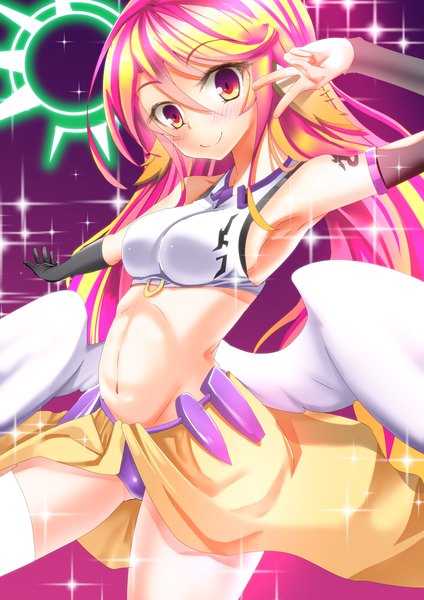 Anime picture 1000x1414 with no game no life madhouse jibril (no game no life) rui-rui single long hair tall image looking at viewer blush fringe light erotic smile multicolored hair two-tone hair armpit (armpits) orange eyes legs groin white wings glow