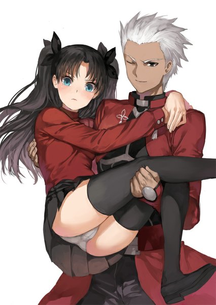 Anime picture 568x800 with fate (series) fate/stay night type-moon toosaka rin archer (fate) haijin long hair tall image looking at viewer blush short hair blue eyes light erotic black hair simple background smile white background twintails silver hair pleated skirt