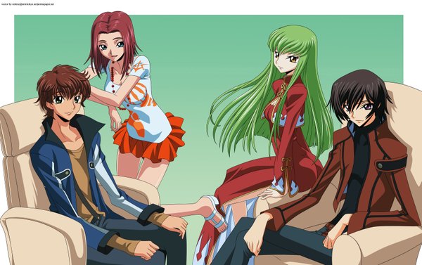 Anime picture 3177x2000 with code geass sunrise (studio) c.c. lelouch lamperouge kallen stadtfeld kururugi suzaku long hair looking at viewer highres short hair open mouth blue eyes brown hair standing sitting purple eyes multiple girls green eyes yellow eyes red hair