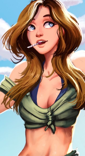 Anime picture 1024x1877 with carlos eduardo single tall image open mouth blue eyes brown hair holding looking away cleavage lips bare belly midriff mouth hold girl
