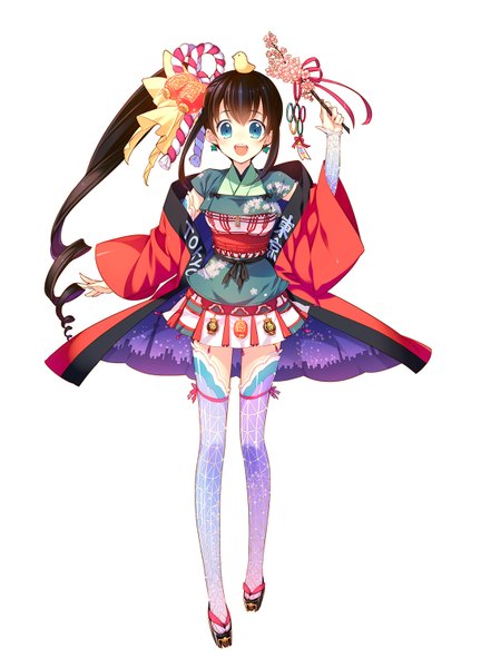 Anime picture 1091x1515 with original mizuno (suisuiw) single long hair tall image open mouth blue eyes black hair simple background white background side ponytail animal on head bird on head girl thighhighs dress hair ornament animal branch