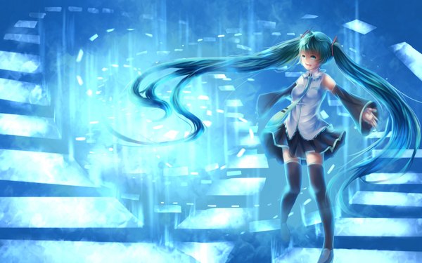 Anime picture 1680x1050 with vocaloid hatsune miku yuzi single open mouth twintails very long hair aqua eyes aqua hair spread arms girl thighhighs skirt hair ornament black thighhighs detached sleeves necktie