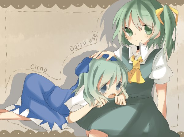 Anime picture 1748x1299 with touhou cirno daiyousei doraemon (artist) highres short hair open mouth multiple girls green eyes green hair loli one side up girl dress bow 2 girls hair bow