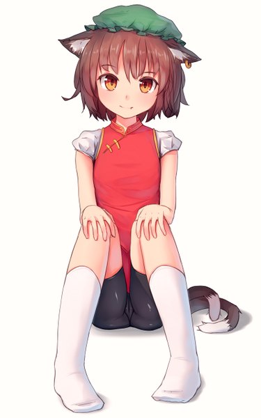 Anime picture 800x1280 with touhou chen shone single tall image looking at viewer blush short hair light erotic simple background smile brown hair white background sitting animal ears tail animal tail cat ears cat girl cat tail