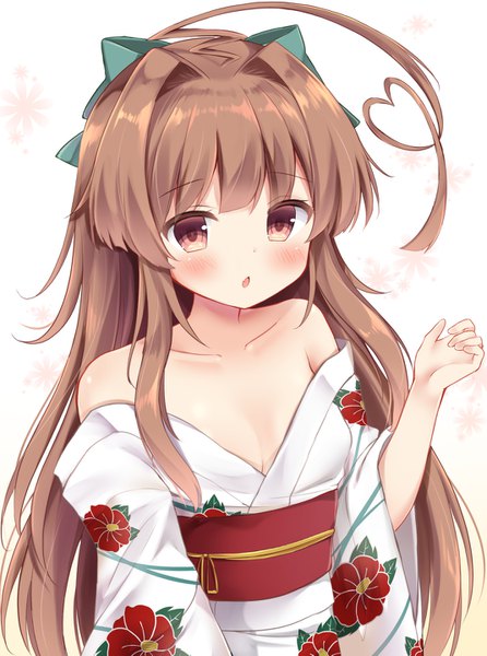 Anime picture 1069x1439 with kantai collection kuma light cruiser masayo (gin no ame) single long hair tall image blush open mouth light erotic brown hair brown eyes cleavage ahoge traditional clothes japanese clothes off shoulder alternate costume floral print girl bow