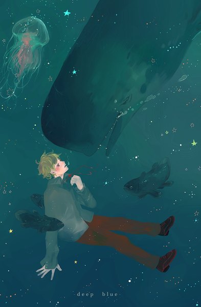 Anime picture 1108x1690 with original shio oto tall image short hair blonde hair inscription tears underwater crying boy shirt water pants bubble (bubbles) fish (fishes) jellyfish whale