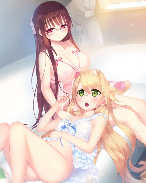 Anime picture 961x1200 with original arima senne arima senka kashiwamochi yomogi long hair tall image blush highres breasts light erotic blonde hair sitting multiple girls green eyes purple hair pink eyes barefoot bare legs girl 2 girls