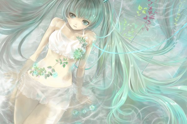 Anime picture 1277x850 with vocaloid hatsune miku single long hair twintails aqua eyes aqua hair girl underwear plant (plants) water