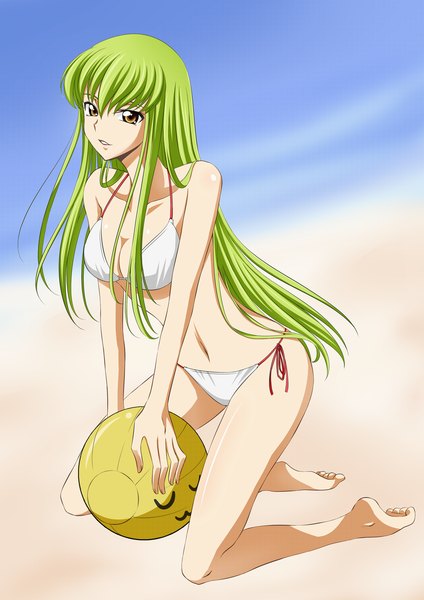 Anime picture 1080x1527 with code geass sunrise (studio) c.c. ccllsaikou long hair tall image fringe light erotic hair between eyes yellow eyes green hair girl swimsuit bikini white bikini beachball