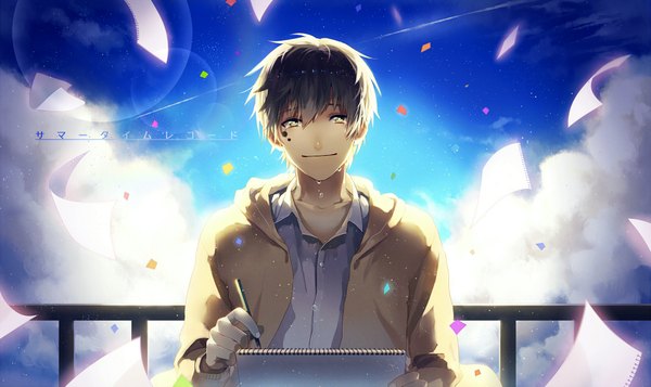 Anime picture 2000x1191 with kagerou project shaft (studio) summertime record (vocaloid) kokonose haruka p.rupon single looking at viewer highres short hair black hair wide image brown eyes sky cloud (clouds) light smile wind tears facial mark boy paper
