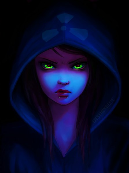 Anime picture 871x1172 with original destinyblue single long hair tall image looking at viewer simple background brown hair green eyes lips realistic piercing black background symbol-shaped pupils close-up face lip piercing girl hood