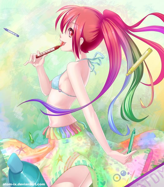Anime picture 1050x1200 with original atomix long hair tall image red eyes red hair profile multicolored hair girl skirt miniskirt bikini top pen