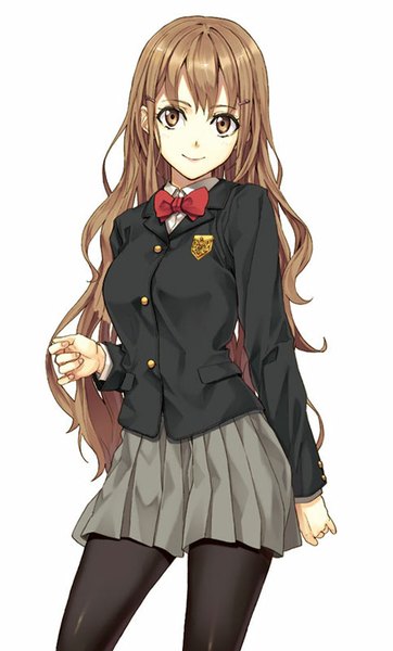 Anime picture 483x800 with cinderella eleven luna (reclaimed land) single long hair tall image fringe breasts simple background smile brown hair white background brown eyes pleated skirt fingernails girl skirt uniform school uniform miniskirt shirt