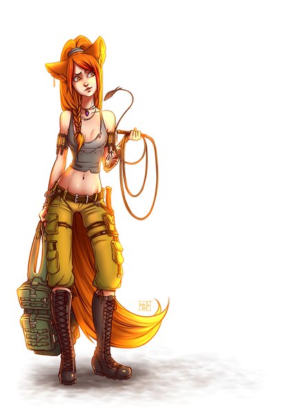 Anime picture 2893x4092 with kate-fox single long hair tall image highres standing bare shoulders holding animal ears ponytail tail animal tail orange hair bare belly orange eyes tattoo fox ears fox tail fox girl lacing
