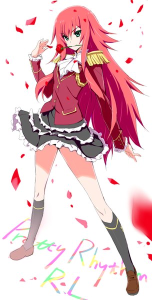 Anime picture 750x1477 with pretty rhythm pretty rhythm rainbow live pretty (series) renjouji beru akata itsuki single long hair tall image looking at viewer blush simple background white background holding green eyes full body red hair from above inscription mouth hold flower in mouth