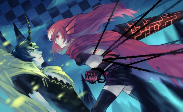 Anime picture 1400x857 with black rock shooter joseph lee long hair fringe short hair red eyes wide image green eyes animal ears red hair horn (horns) green hair bare belly checkered rock checkered background girl thighhighs boy skirt