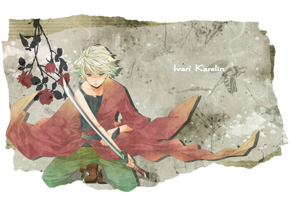 Anime picture 1500x1022 with tiger & bunny sunrise (studio) ivan karelin soratsuki single short hair blue eyes blonde hair sitting bare shoulders traditional clothes japanese clothes off shoulder inscription squat boy flower (flowers) weapon sword boots