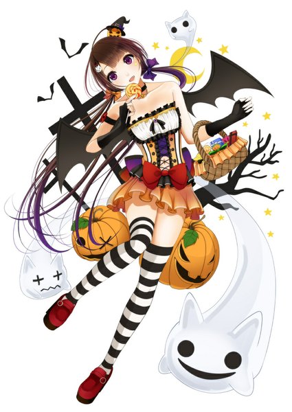 Anime picture 752x1062 with original kentaurosu single long hair tall image brown hair white background purple eyes halloween ghost girl thighhighs dress gloves wings food sweets fingerless gloves striped thighhighs gift
