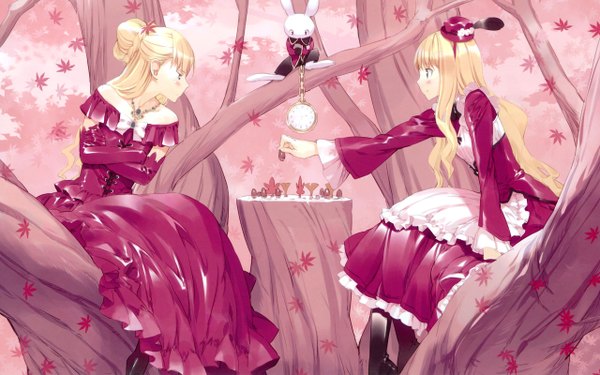 Anime picture 2560x1600 with alice in wonderland alice (wonderland) white rabbit queen of hearts long hair blush highres blue eyes blonde hair smile wide image multiple girls crossed arms girl dress gloves 2 girls plant (plants) hat tree (trees)