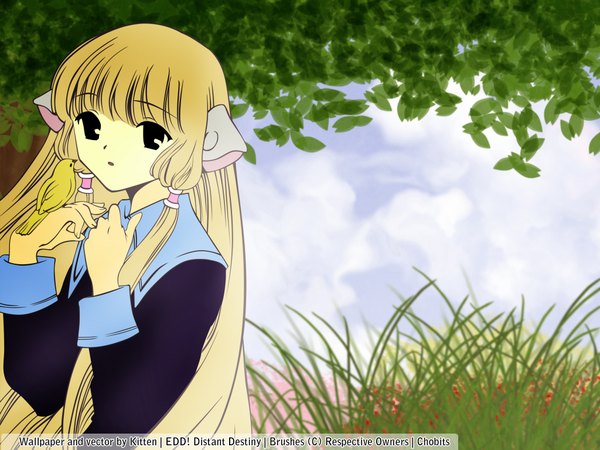 Anime picture 2048x1536 with chobits chii single long hair looking at viewer fringe highres blonde hair signed cloud (clouds) upper body parted lips arm up black eyes wallpaper copyright name bird on hand girl hair ornament plant (plants)