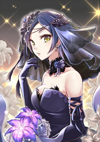 Anime picture 696x985 with idolmaster idolmaster cinderella girls hayami kanade narumizg single tall image looking at viewer short hair breasts bare shoulders yellow eyes purple hair sparkle close-up shiny girl dress gloves flower (flowers) earrings
