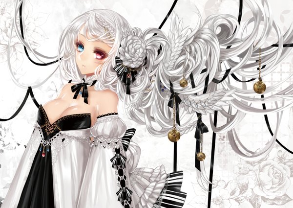 Anime picture 1500x1064 with original ut (apt) single looking at viewer bare shoulders white hair very long hair heterochromia girl dress hair ornament ribbon (ribbons) hair ribbon detached sleeves