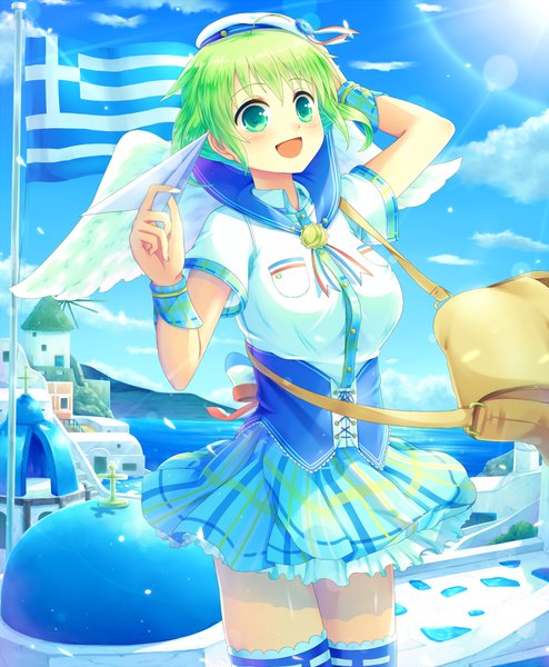 Anime picture 900x1093 with original sakakidani single tall image blush short hair open mouth green eyes sky cloud (clouds) green hair girl dress wings bag flag paper airplane