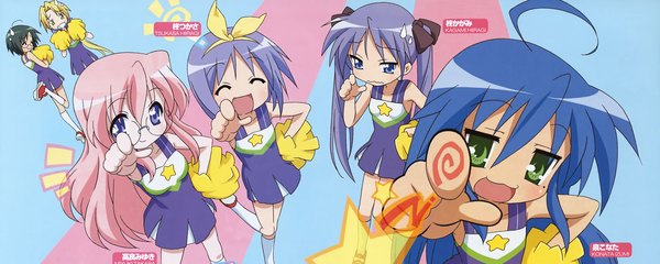 Anime picture 2560x1024 with lucky star kyoto animation izumi konata hiiragi kagami hiiragi tsukasa takara miyuki kuroi nanako narumi yui highres wide image cheerleader dualscreen girl