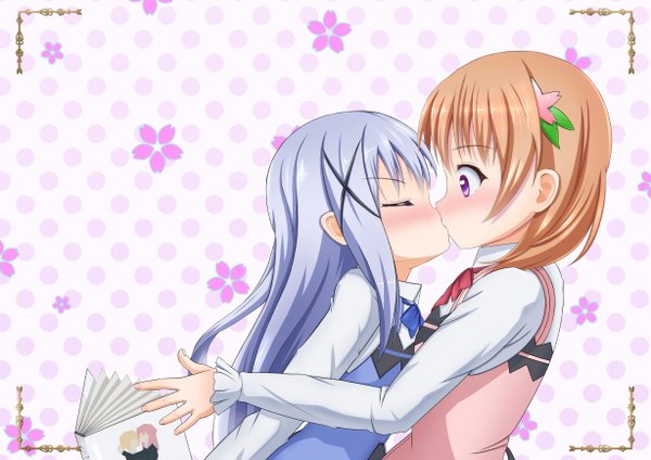 Anime picture 1228x868 with gochuumon wa usagi desu ka? white fox kafuu chino hoto cocoa aneten long hair blush fringe short hair blonde hair purple eyes multiple girls blue hair eyes closed long sleeves profile maid leaning embarrassed leaning forward