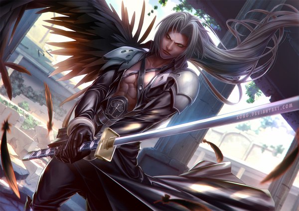 Anime picture 1480x1046 with final fantasy vii advent children final fantasy vii sephiroth xong long hair looking at viewer fringe standing holding lips grey hair open jacket bare belly dutch angle floating hair muscle black wings serious angry ruins