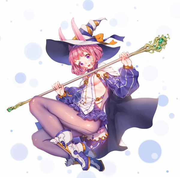 Anime picture 1200x1188 with original fangxiang cuoluan single looking at viewer blush short hair open mouth light erotic white background purple eyes animal ears pink hair no bra freckles girl dress hat detached sleeves pantyhose boots