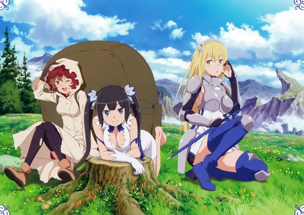 Anime picture 6304x4467 with dungeon ni deai wo motomeru no wa machigatteiru darou ka j.c. staff hestia (danmachi) aiz wallenstein liliruka aede long hair highres short hair open mouth blue eyes light erotic black hair blonde hair smile brown hair sitting twintails multiple girls yellow eyes absurdres