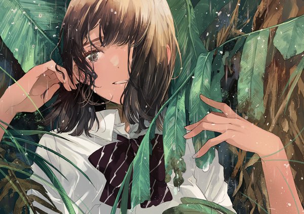 Anime picture 842x595 with original fly (marguerite) single fringe short hair open mouth brown hair looking away upper body :d black eyes hair over one eye rain girl uniform plant (plants) school uniform tree (trees) palm tree