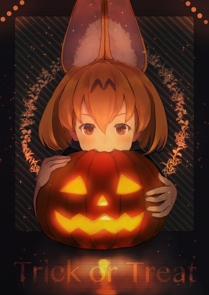 Anime picture 2916x4117 with kemono friends serval (kemono friends) ancolatte (onikuanco) single tall image looking at viewer blush fringe highres short hair hair between eyes brown hair holding brown eyes animal ears fang (fangs) text dark background halloween english