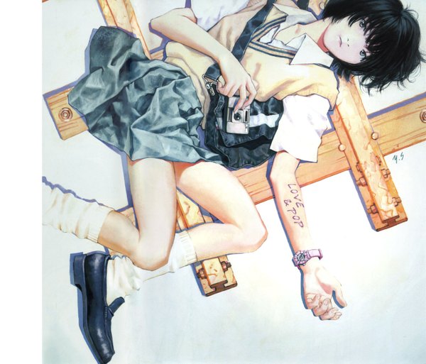 Anime picture 1470x1257 with love & pop yoshii hiromi sadamoto yoshiyuki single looking at viewer fringe short hair black hair holding signed bent knee (knees) lying inscription official art shadow short sleeves grey eyes text spread arms english