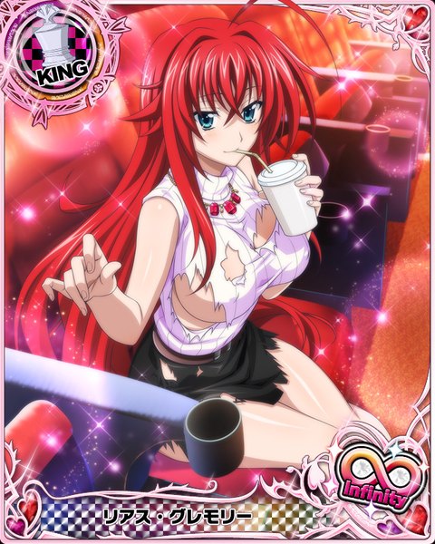 Anime picture 640x800 with highschool dxd rias gremory single tall image breasts blue eyes light erotic large breasts sitting red hair very long hair torn clothes card (medium) drinking girl skirt black skirt drink turtleneck disposable cup