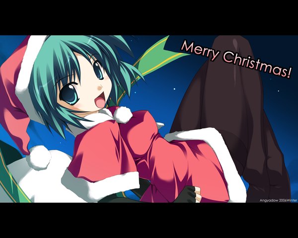 Anime picture 1280x1024 with original shikei single looking at viewer short hair open mouth aqua eyes aqua hair no shoes christmas merry christmas 2006 girl gloves pantyhose fingerless gloves santa claus hat santa claus costume