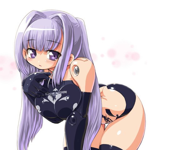 Anime picture 1024x819 with busou shinki single long hair blush breasts light erotic simple background large breasts white background purple eyes purple hair inscription girl bodysuit