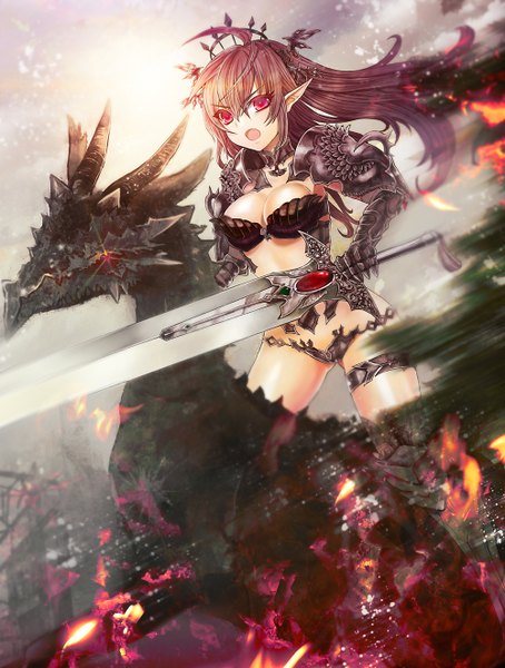 Anime picture 1000x1320 with original duca single long hair tall image open mouth light erotic pink hair pink eyes pointy ears girl sword armor dragon