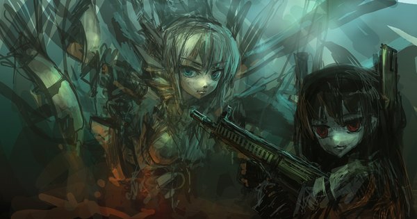 Anime picture 2000x1050 with original lm7 (op-center) long hair looking at viewer highres blue eyes black hair blonde hair red eyes wide image multiple girls girl weapon 2 girls gun